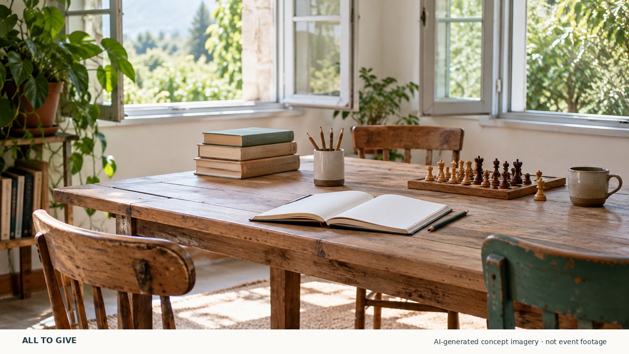 Illustrative shared table with books, a notebook and chess pieces; no event is depicted